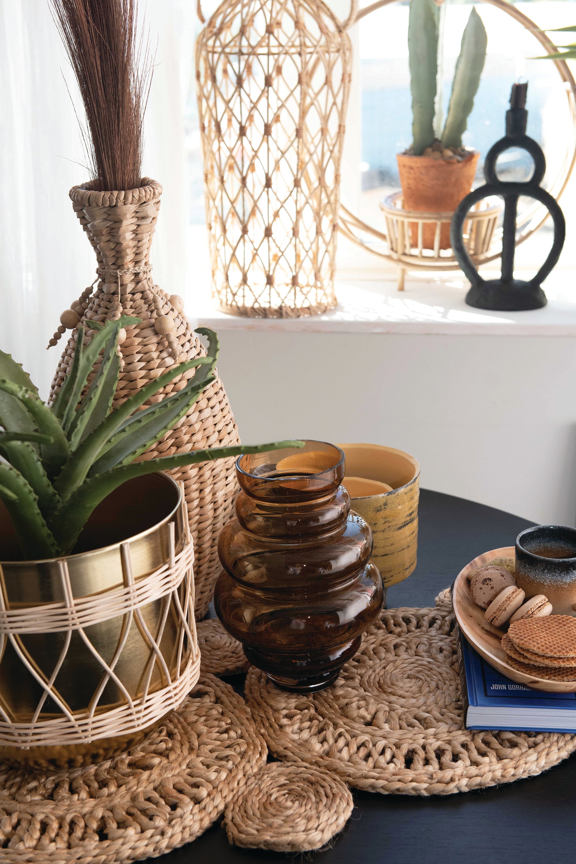 Gold Planters in Rattan Sleeve (Set of 2)