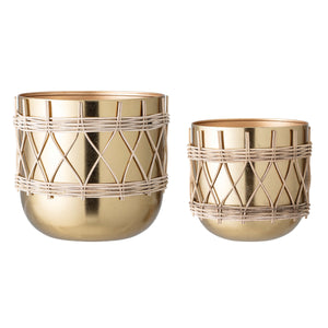 Gold Planters in Rattan Sleeve (Set of 2)